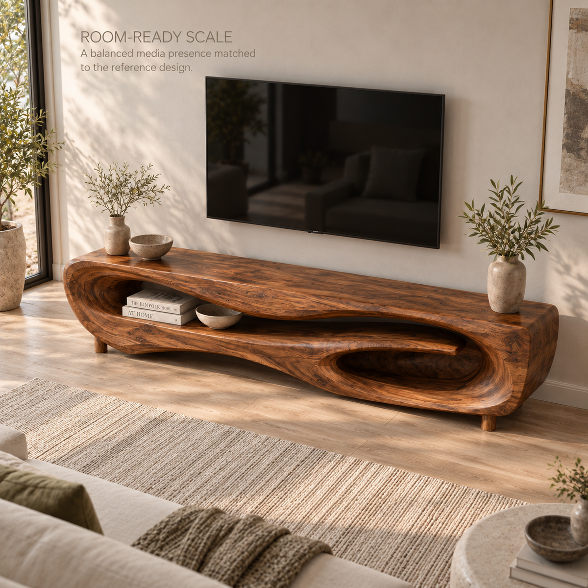 Noelle Sculptural Solid Wood TV Stand - Design 103 - product detail and styling view 3