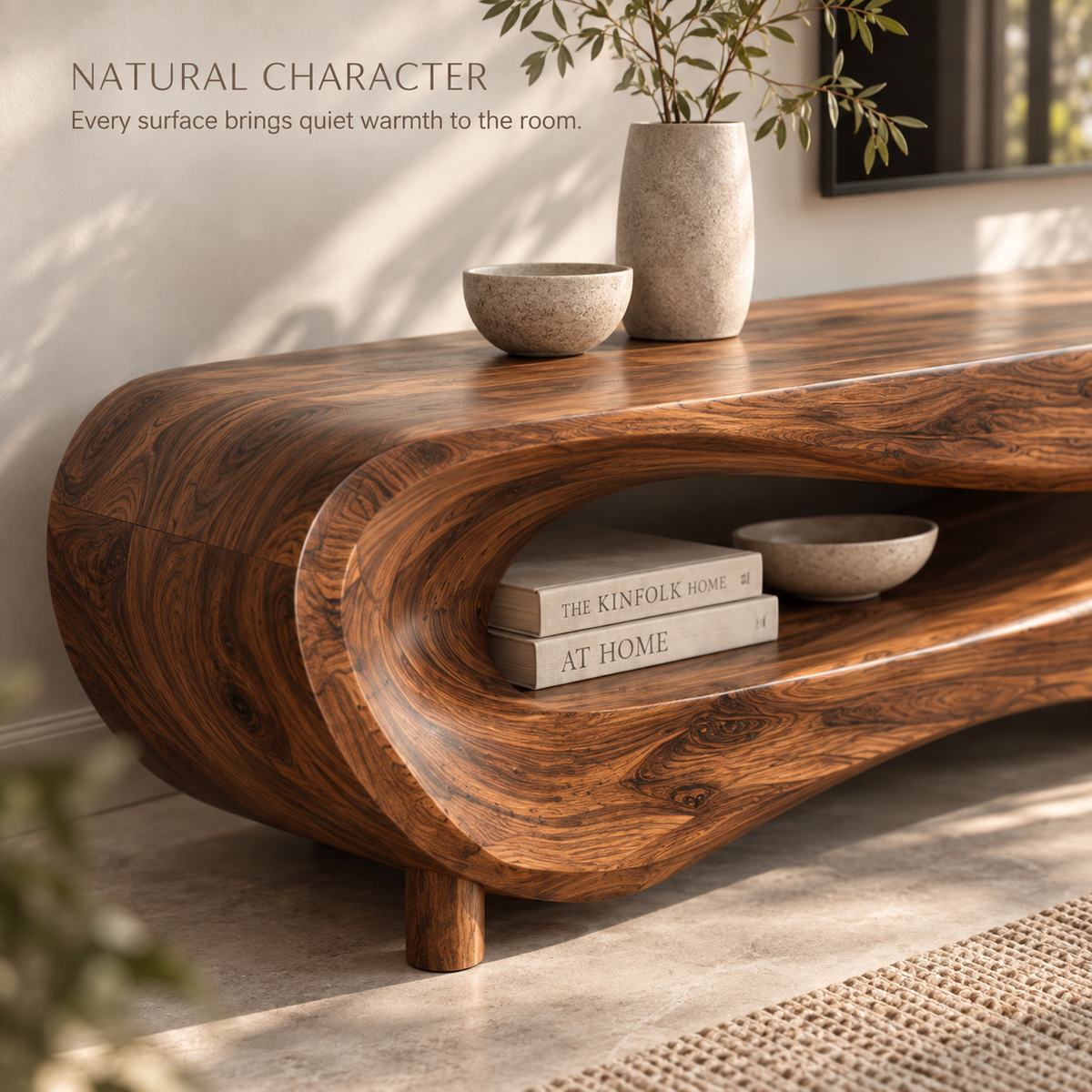 Noelle Sculptural Solid Wood TV Stand - Design 103 - product detail and styling view 4
