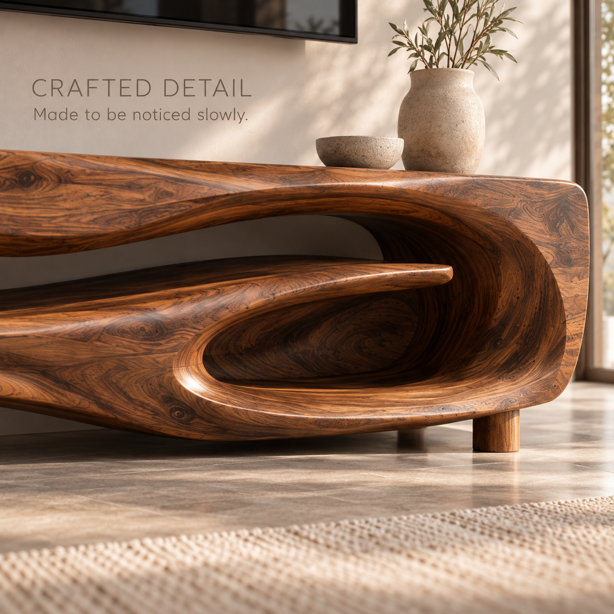 Noelle Sculptural Solid Wood TV Stand - Design 103 - product detail and styling view 5