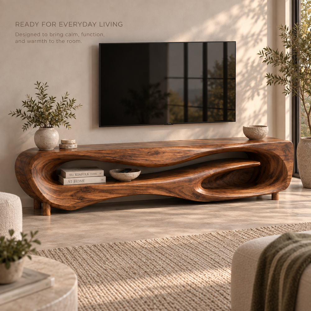 Noelle Sculptural Solid Wood TV Stand - Design 103 - product detail and styling view 6