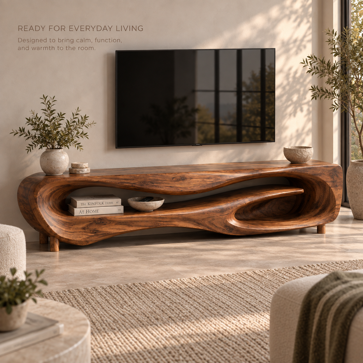 Noelle Sculptural Solid Wood TV Stand - Design 103 - product detail and styling view 6