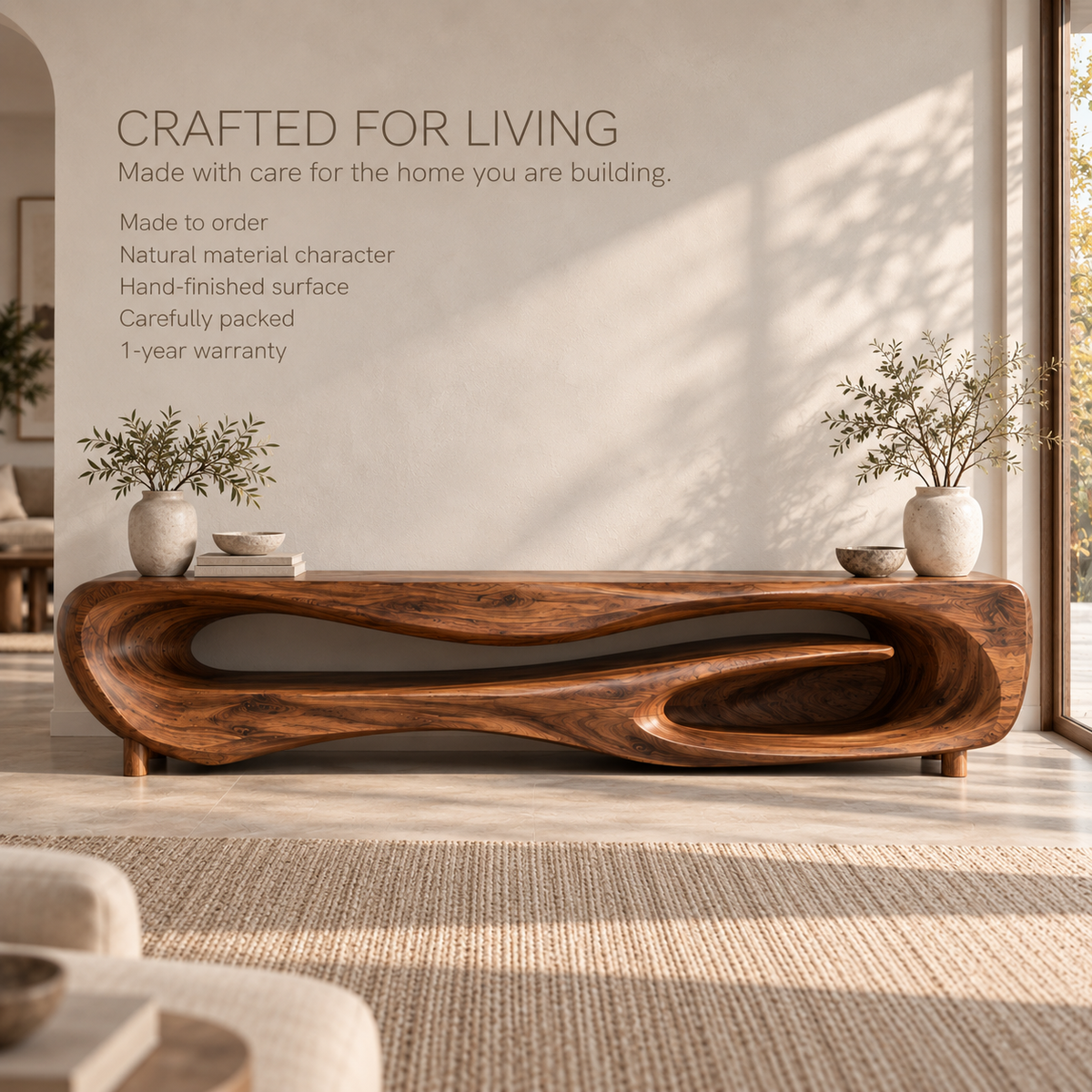 Noelle Sculptural Solid Wood TV Stand - Design 103 - product detail and styling view 8
