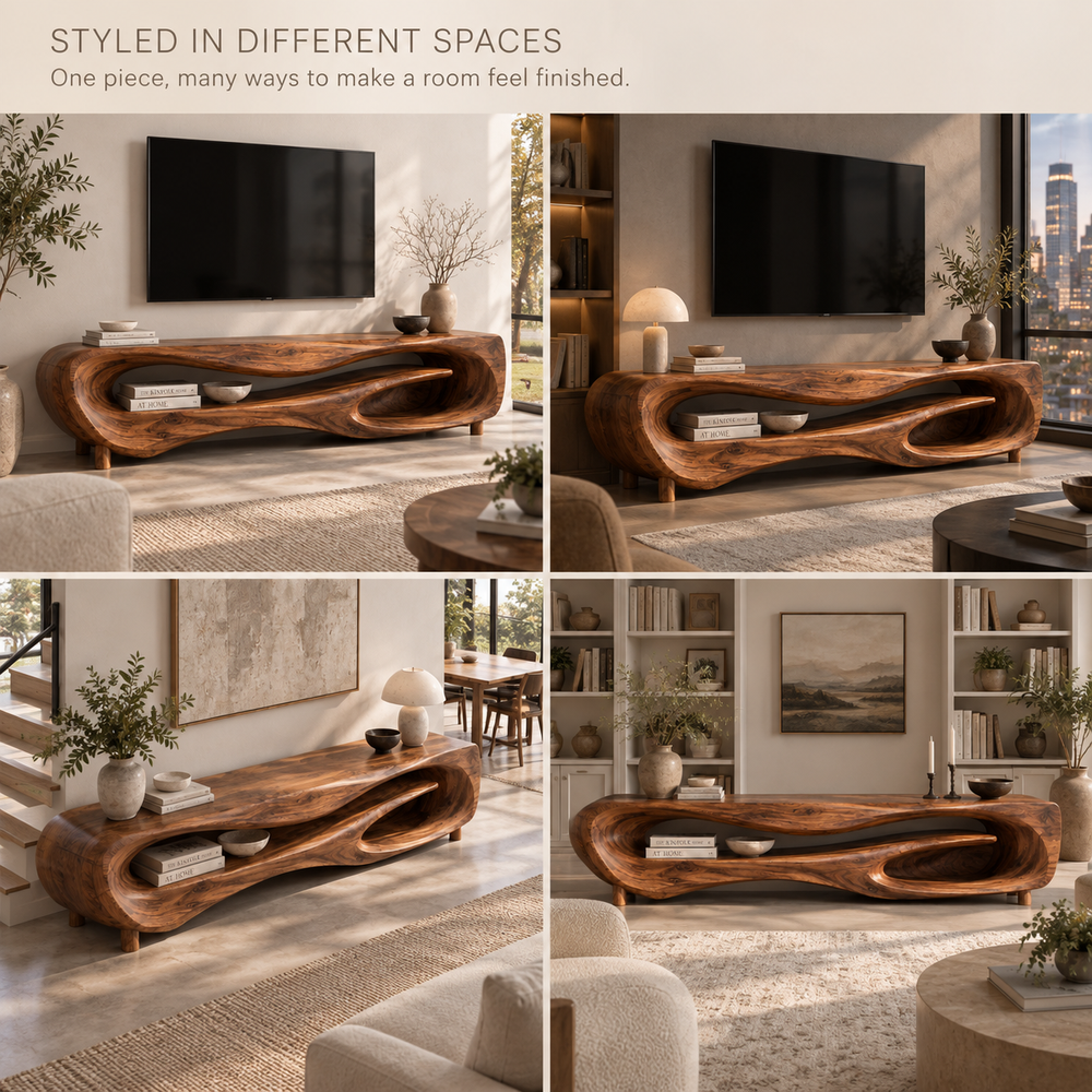 Noelle Sculptural Solid Wood TV Stand - Design 103 - product detail and styling view 9