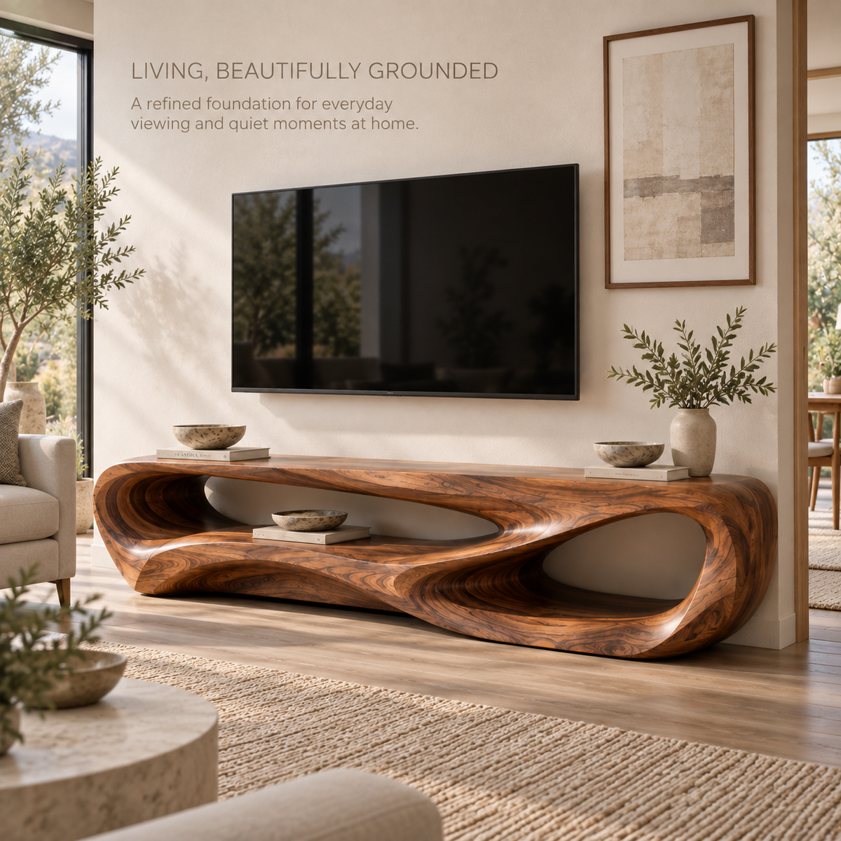 Elian Sculptural Solid Wood TV Stand - Design 104 - main lifestyle view