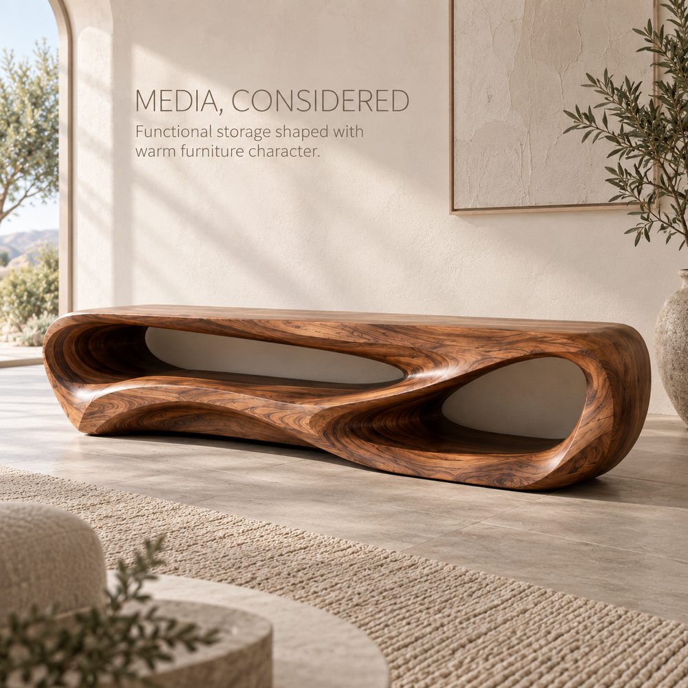Elian Sculptural Solid Wood TV Stand - Design 104 - product detail and styling view 2