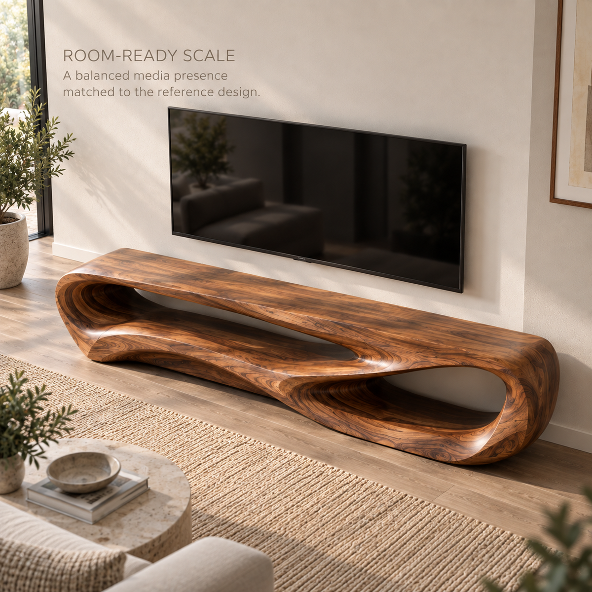 Elian Sculptural Solid Wood TV Stand - Design 104 - product detail and styling view 3