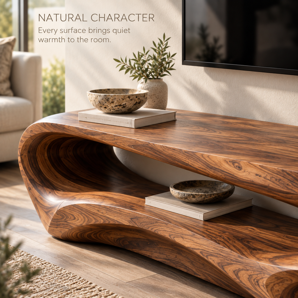 Elian Sculptural Solid Wood TV Stand - Design 104 - product detail and styling view 4