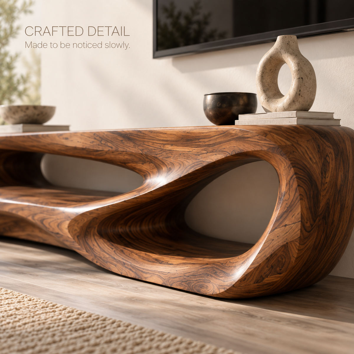 Elian Sculptural Solid Wood TV Stand - Design 104 - product detail and styling view 5