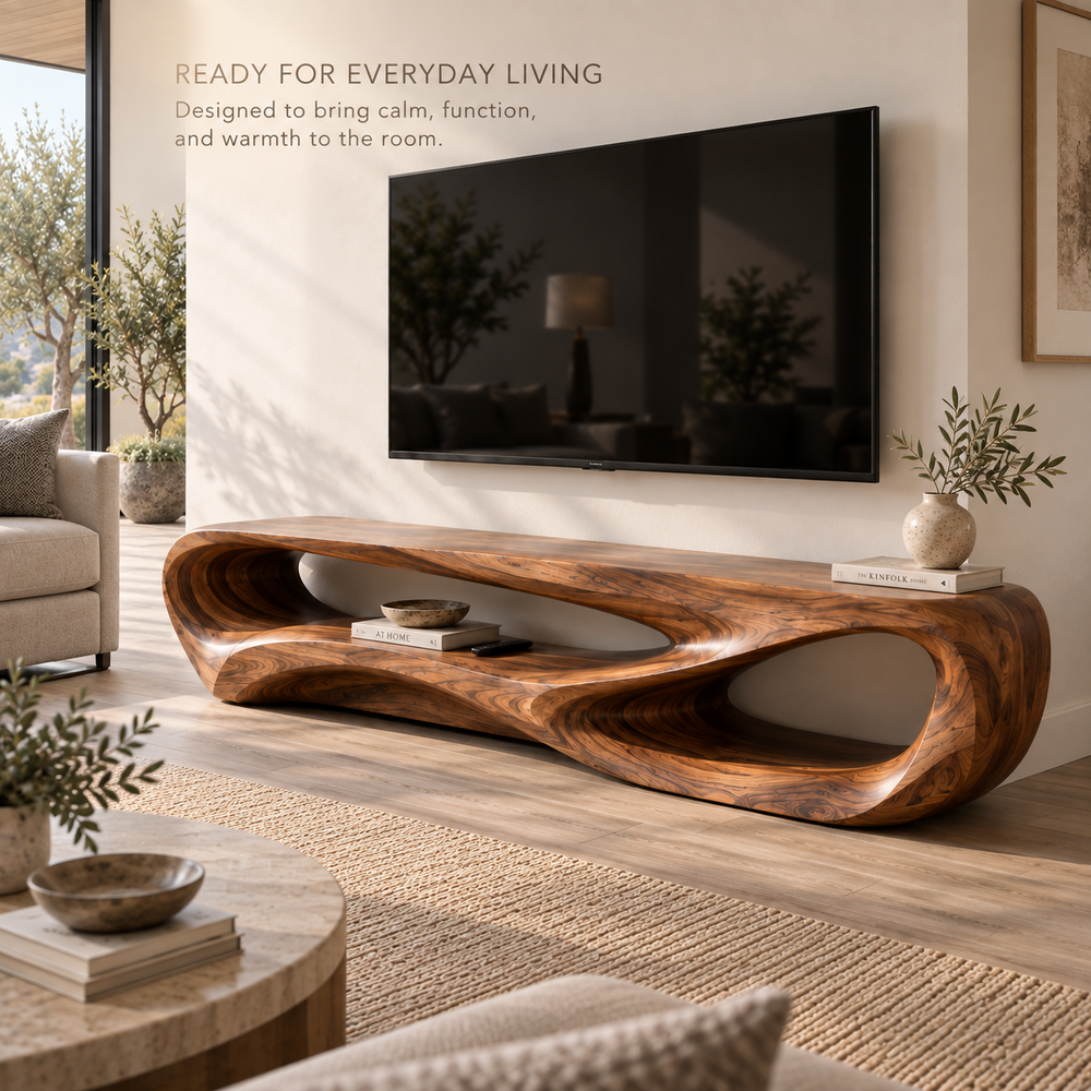 Elian Sculptural Solid Wood TV Stand - Design 104 - product detail and styling view 6