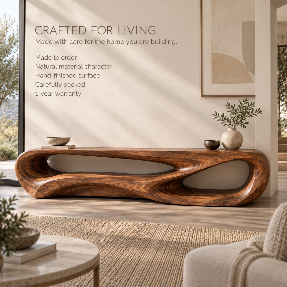Elian Sculptural Solid Wood TV Stand - Design 104 - product detail and styling view 8