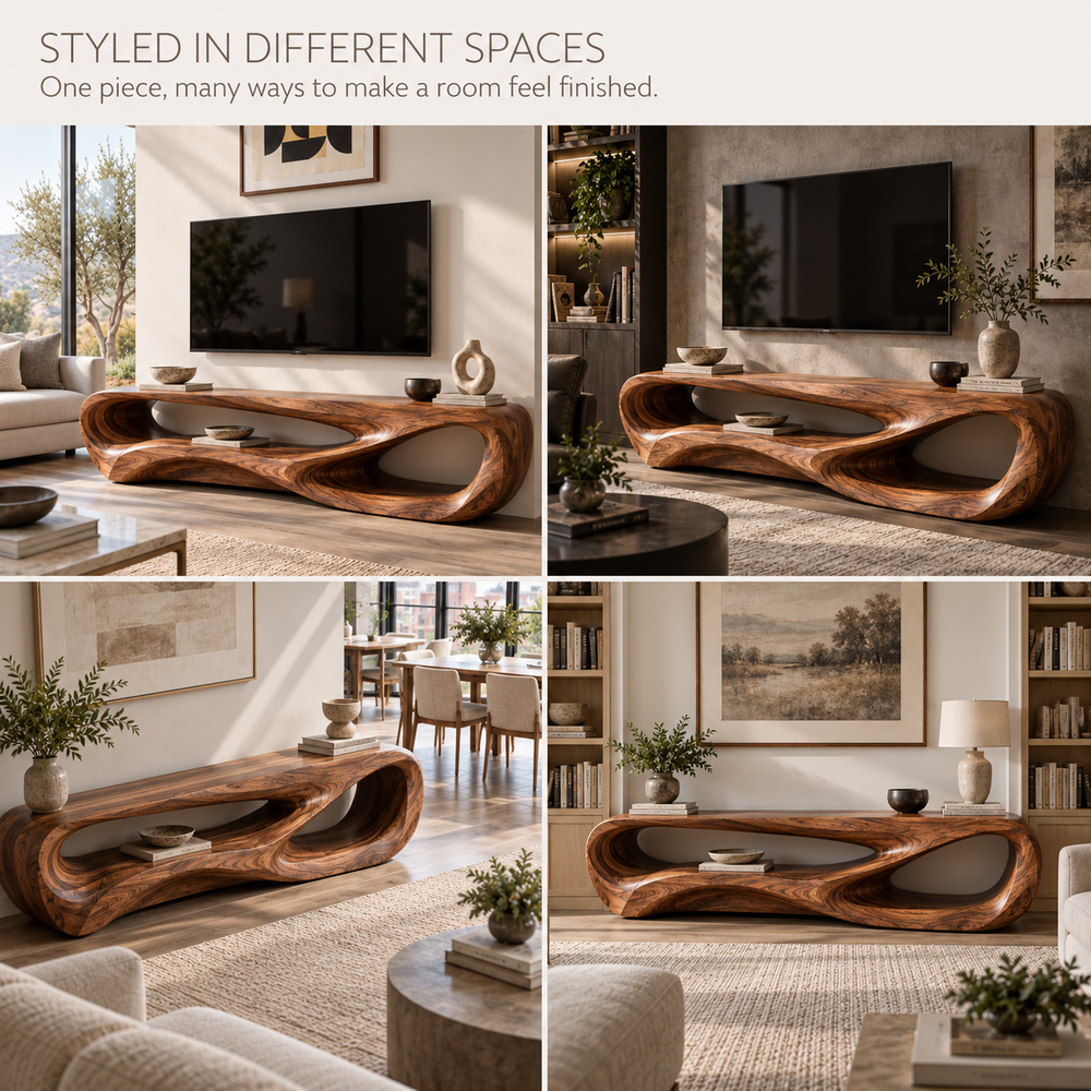 Elian Sculptural Solid Wood TV Stand - Design 104 - product detail and styling view 9