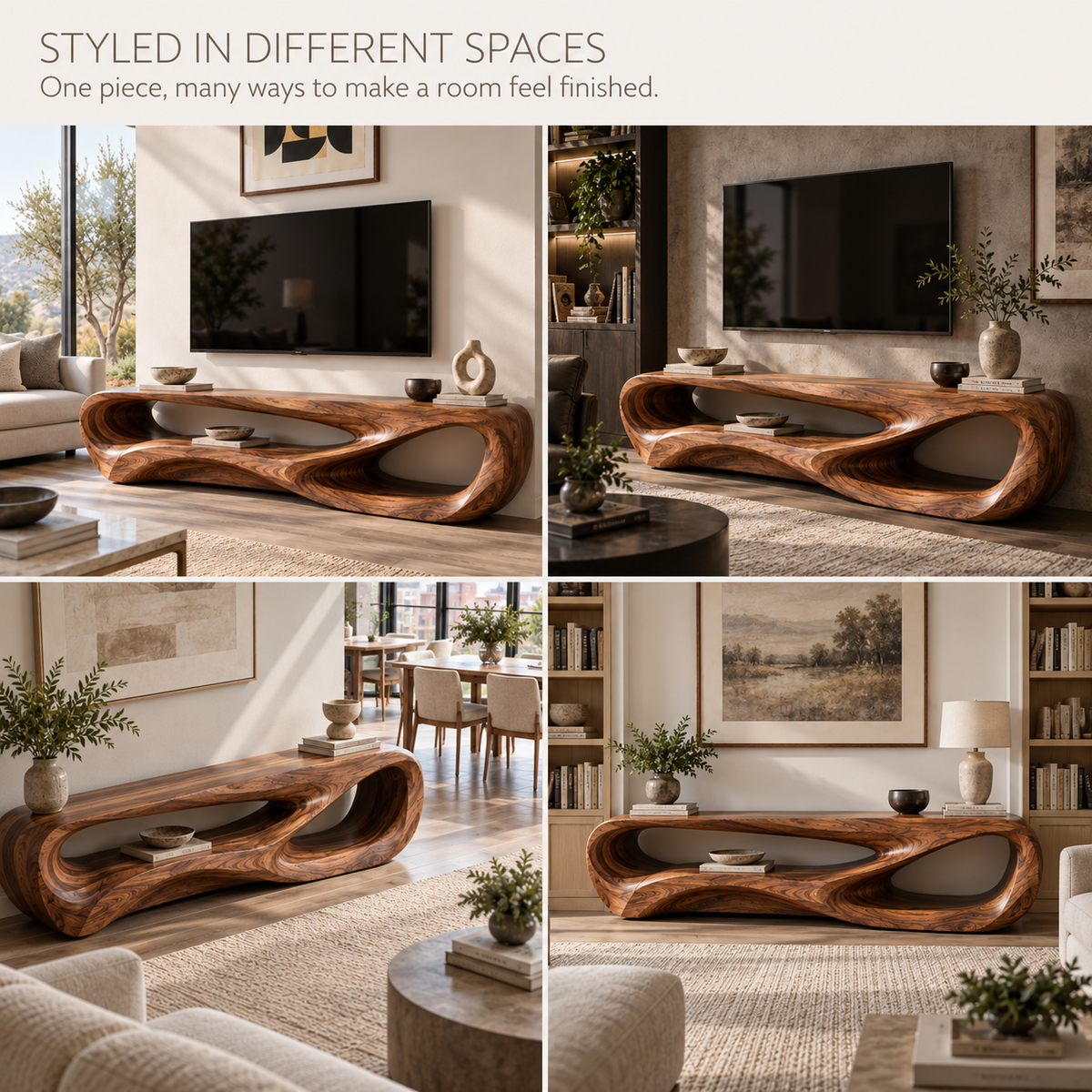 Elian Sculptural Solid Wood TV Stand - Design 104 - product detail and styling view 9