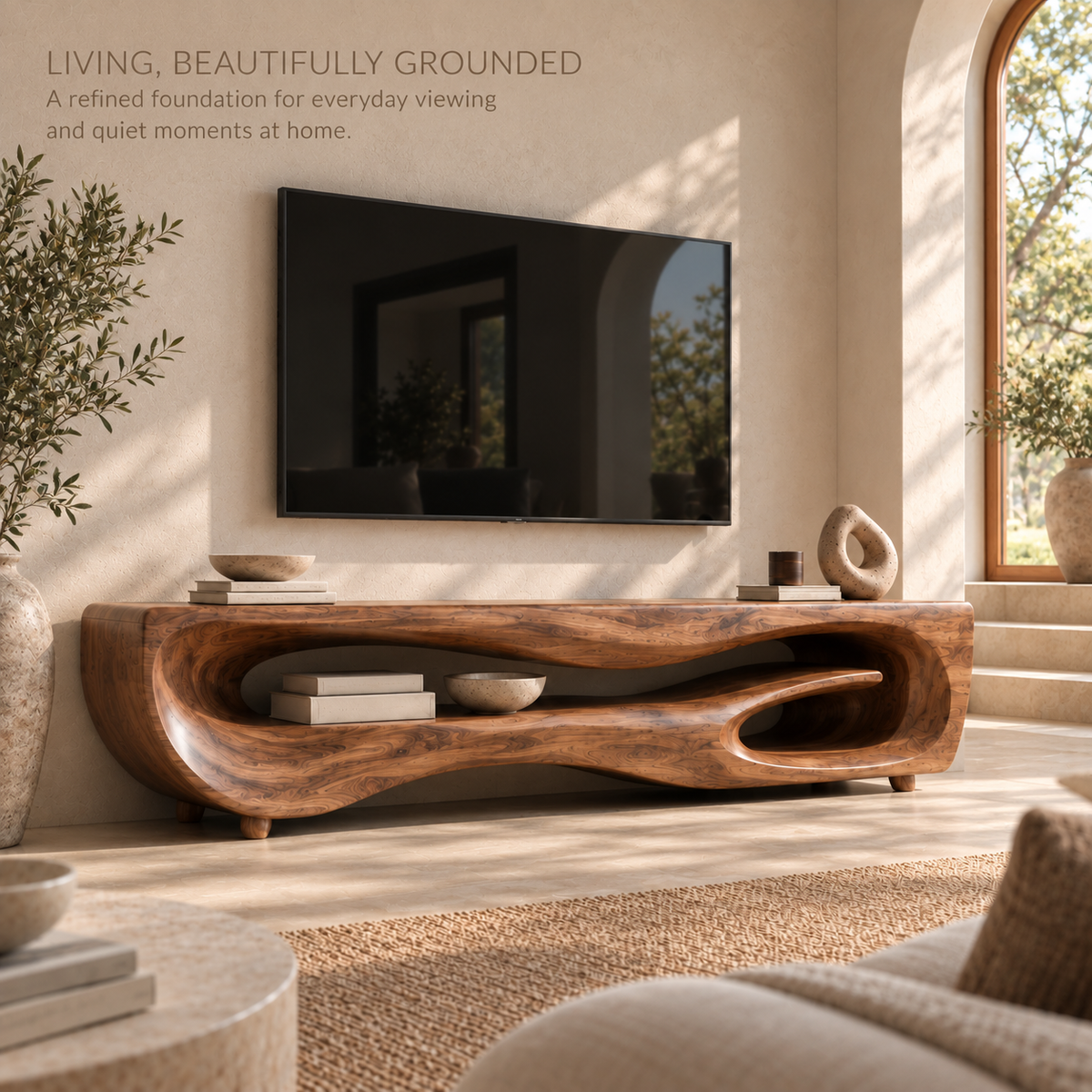 Maelle Sculptural Solid Wood TV Stand - Design 106 - main lifestyle view