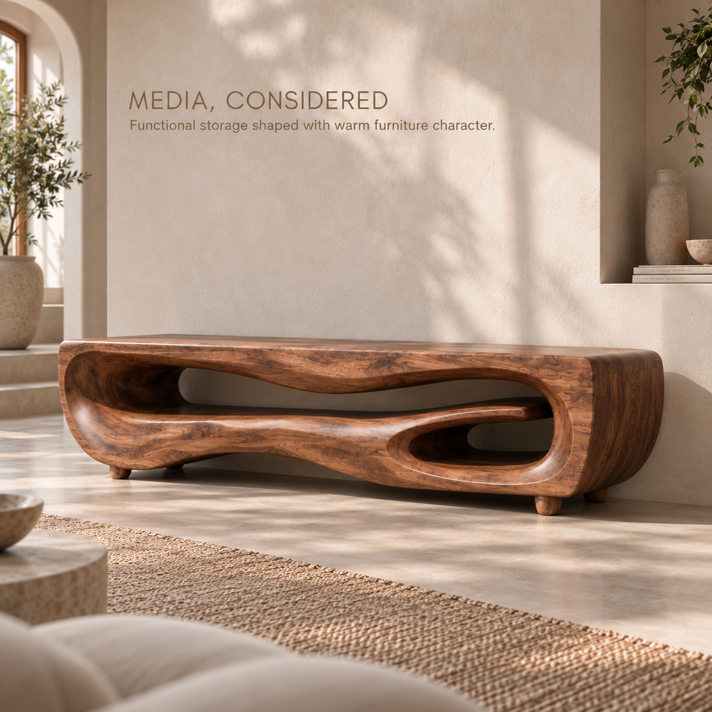 Maelle Sculptural Solid Wood TV Stand - Design 106 - product detail and styling view 2
