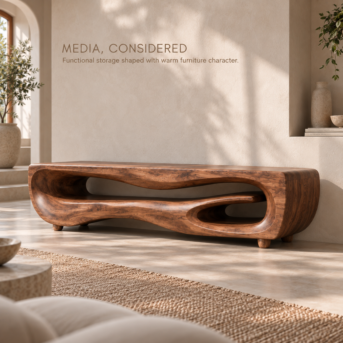 Maelle Sculptural Solid Wood TV Stand - Design 106 - product detail and styling view 2