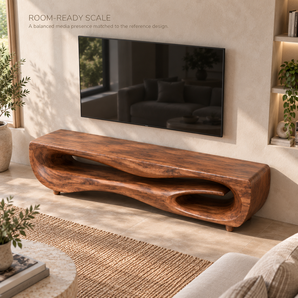 Maelle Sculptural Solid Wood TV Stand - Design 106 - product detail and styling view 3