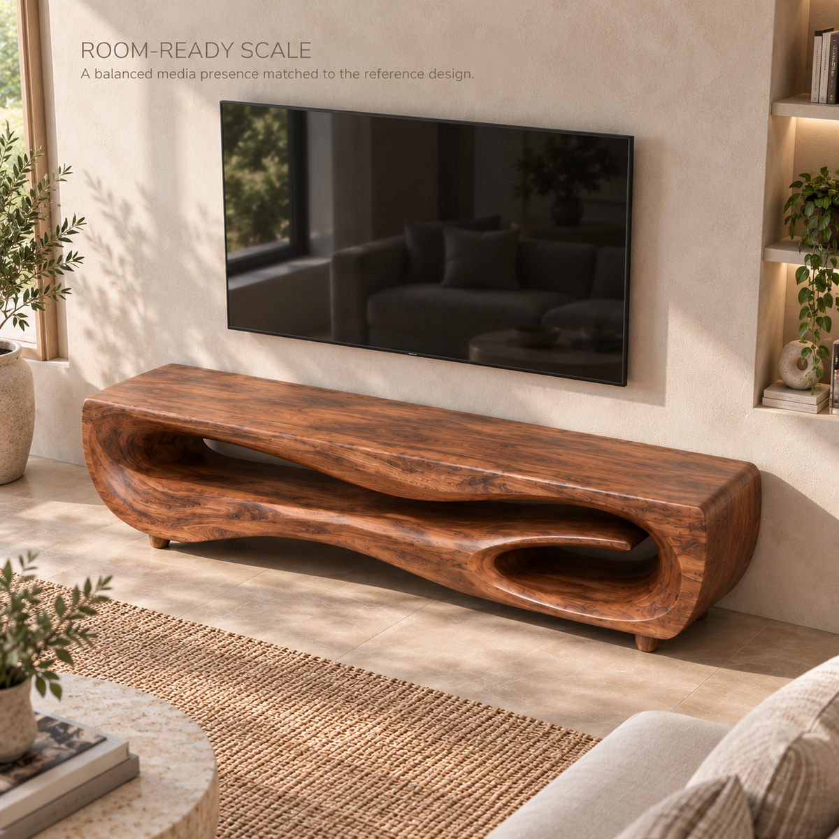 Maelle Sculptural Solid Wood TV Stand - Design 106 - product detail and styling view 3