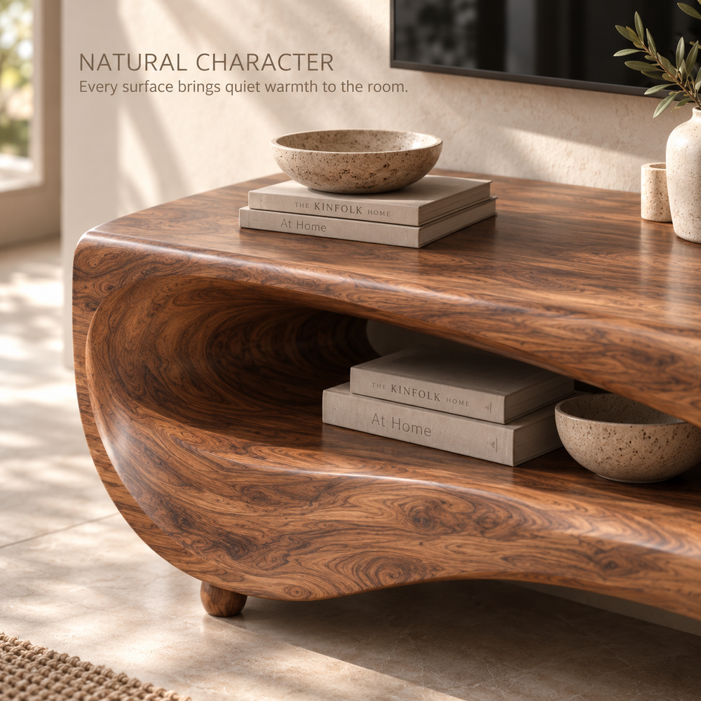 Maelle Sculptural Solid Wood TV Stand - Design 106 - product detail and styling view 4