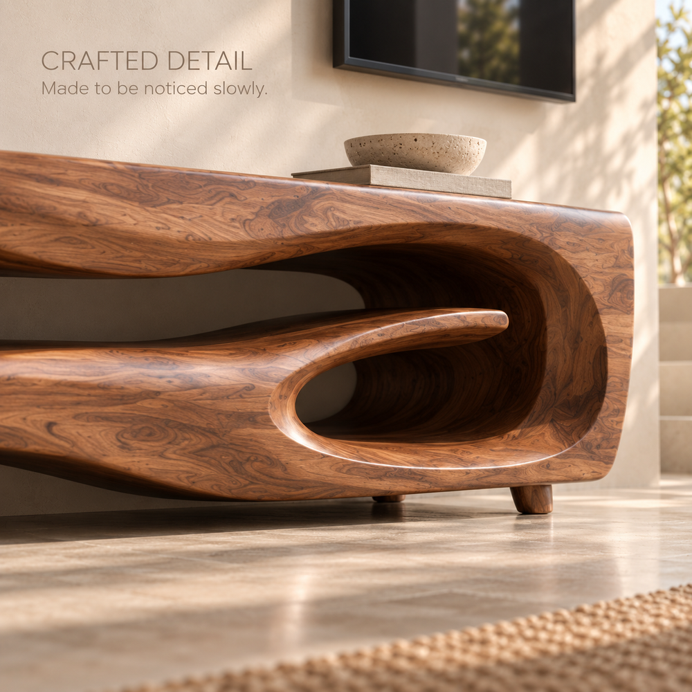 Maelle Sculptural Solid Wood TV Stand - Design 106 - product detail and styling view 5