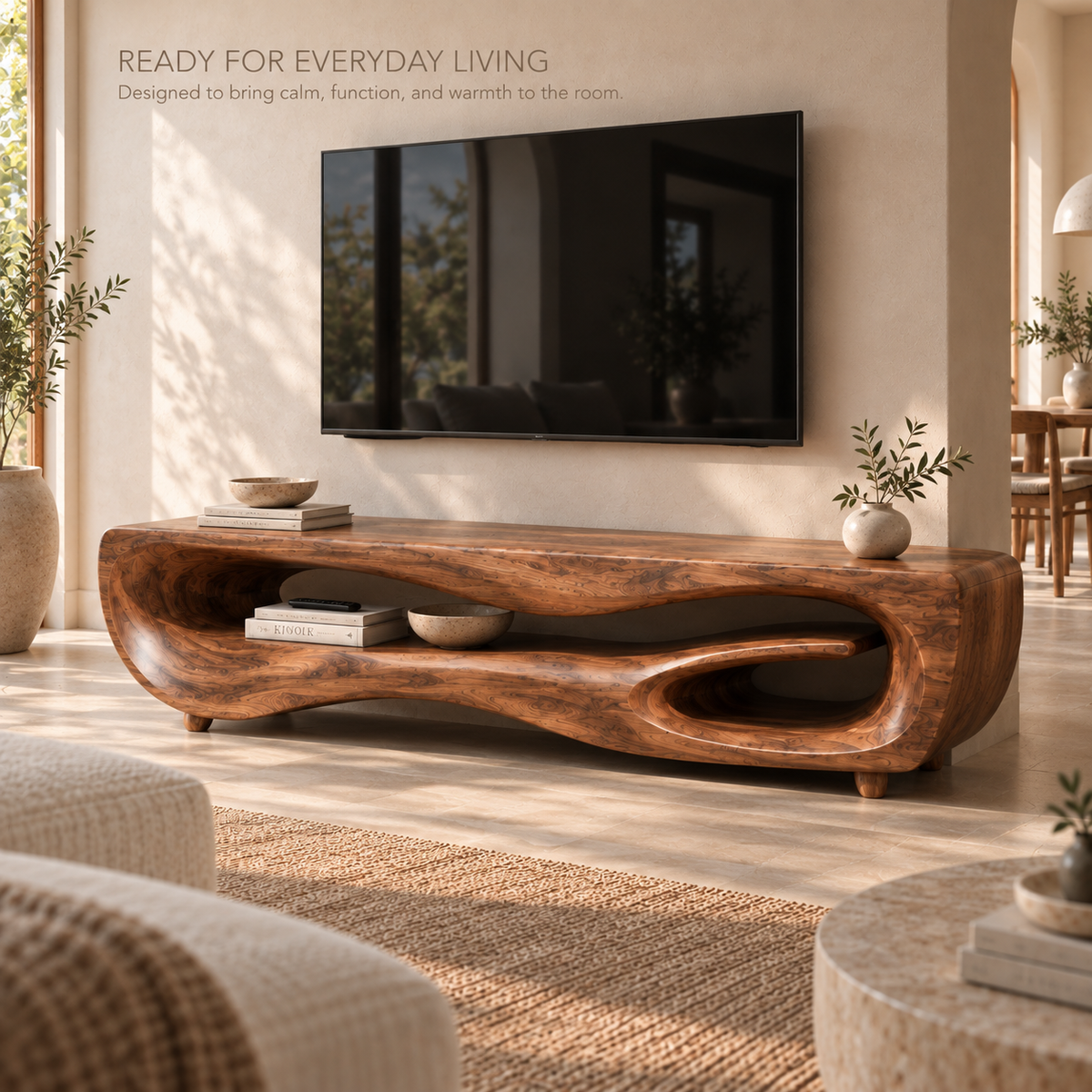 Maelle Sculptural Solid Wood TV Stand - Design 106 - product detail and styling view 6