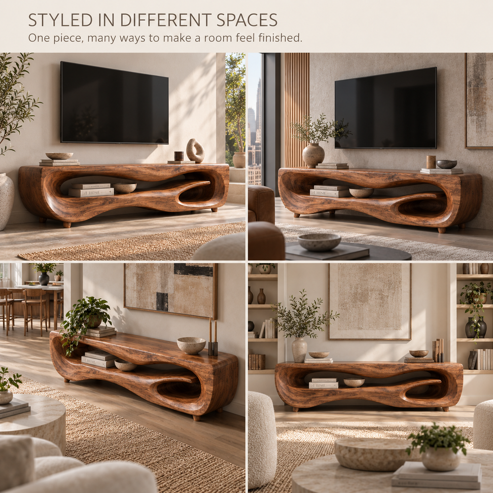 Maelle Sculptural Solid Wood TV Stand - Design 106 - product detail and styling view 9