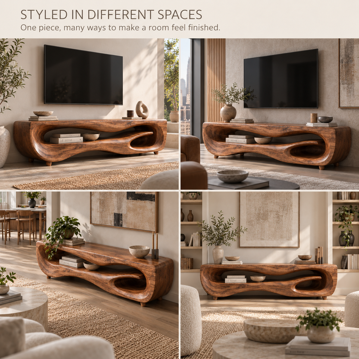 Maelle Sculptural Solid Wood TV Stand - Design 106 - product detail and styling view 9