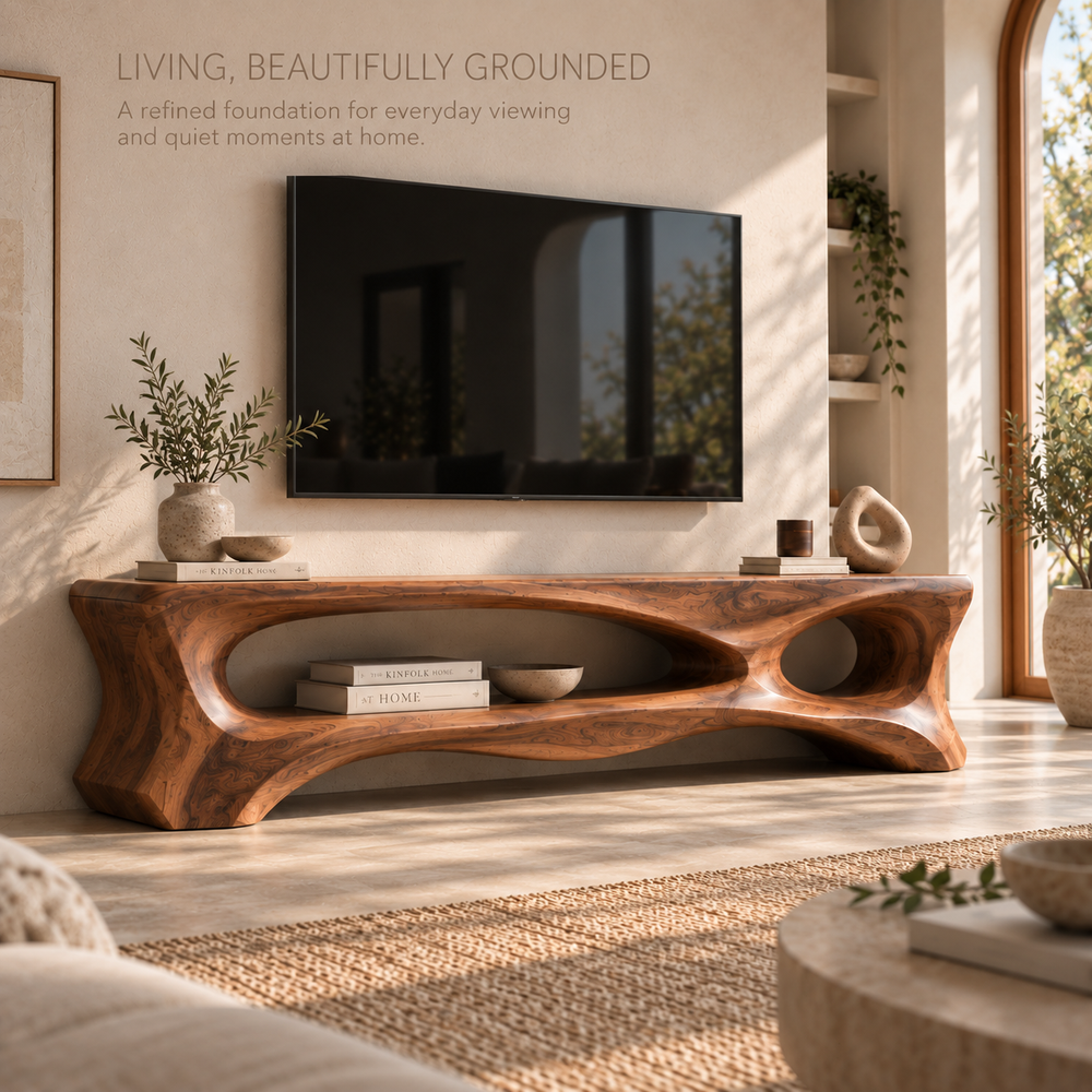 Corin Sculptural Solid Wood TV Stand - Design 107 - main lifestyle view