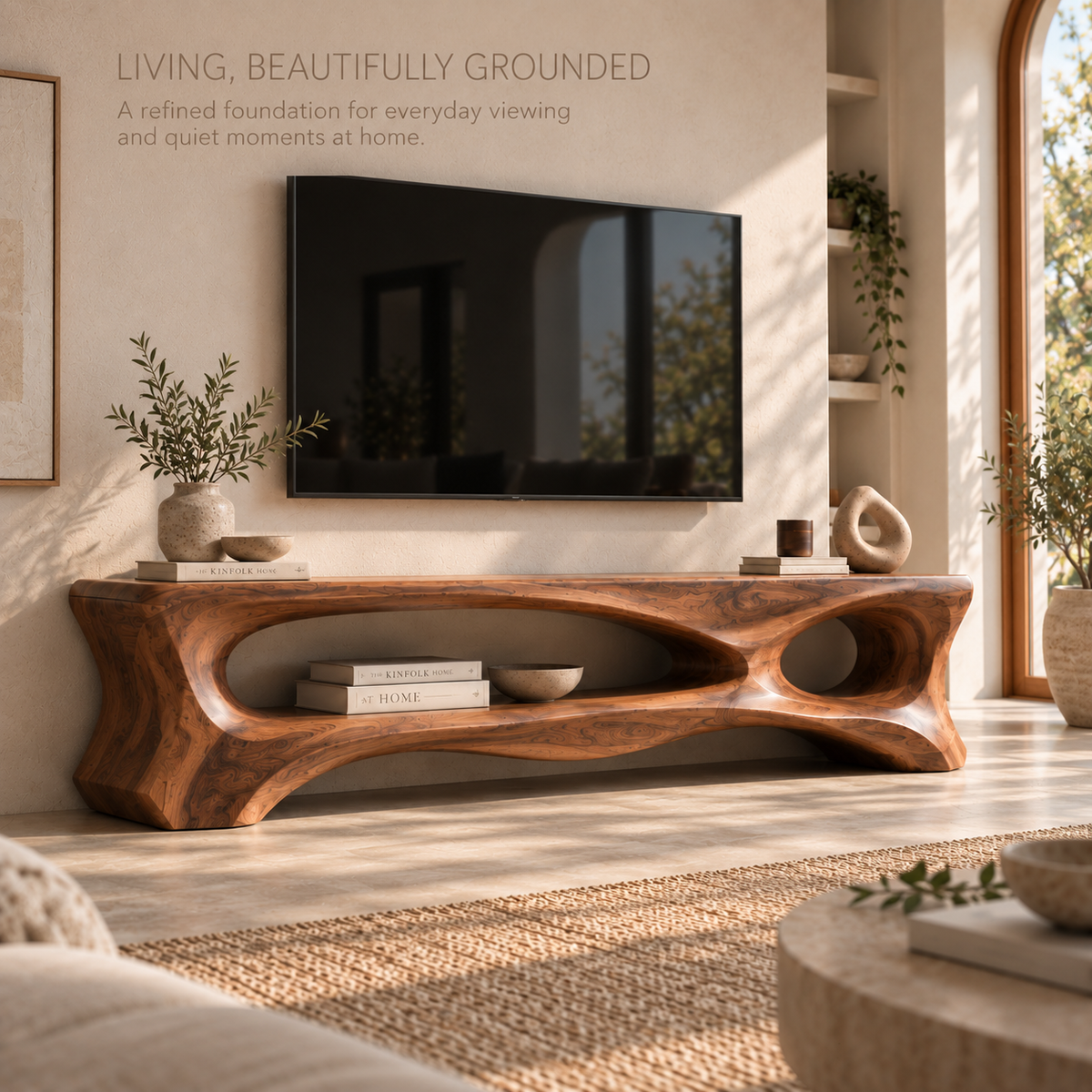 Corin Sculptural Solid Wood TV Stand - Design 107 - main lifestyle view