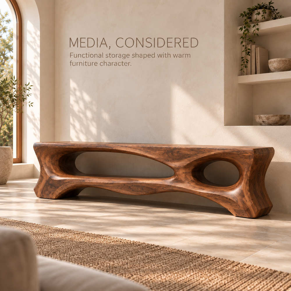 Corin Sculptural Solid Wood TV Stand - Design 107 - product detail and styling view 2