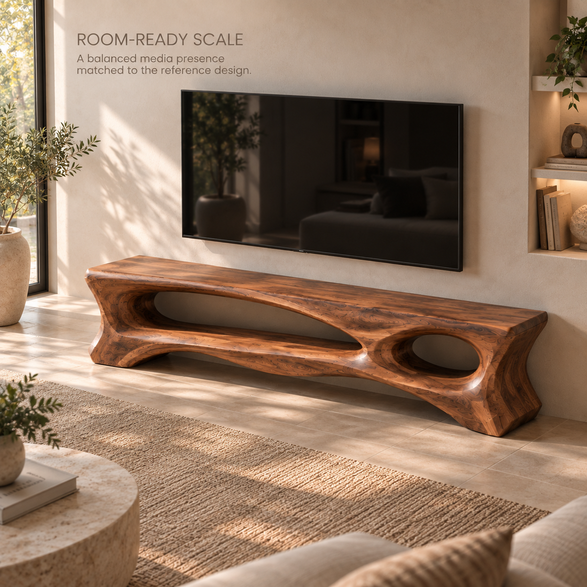 Corin Sculptural Solid Wood TV Stand - Design 107 - product detail and styling view 3