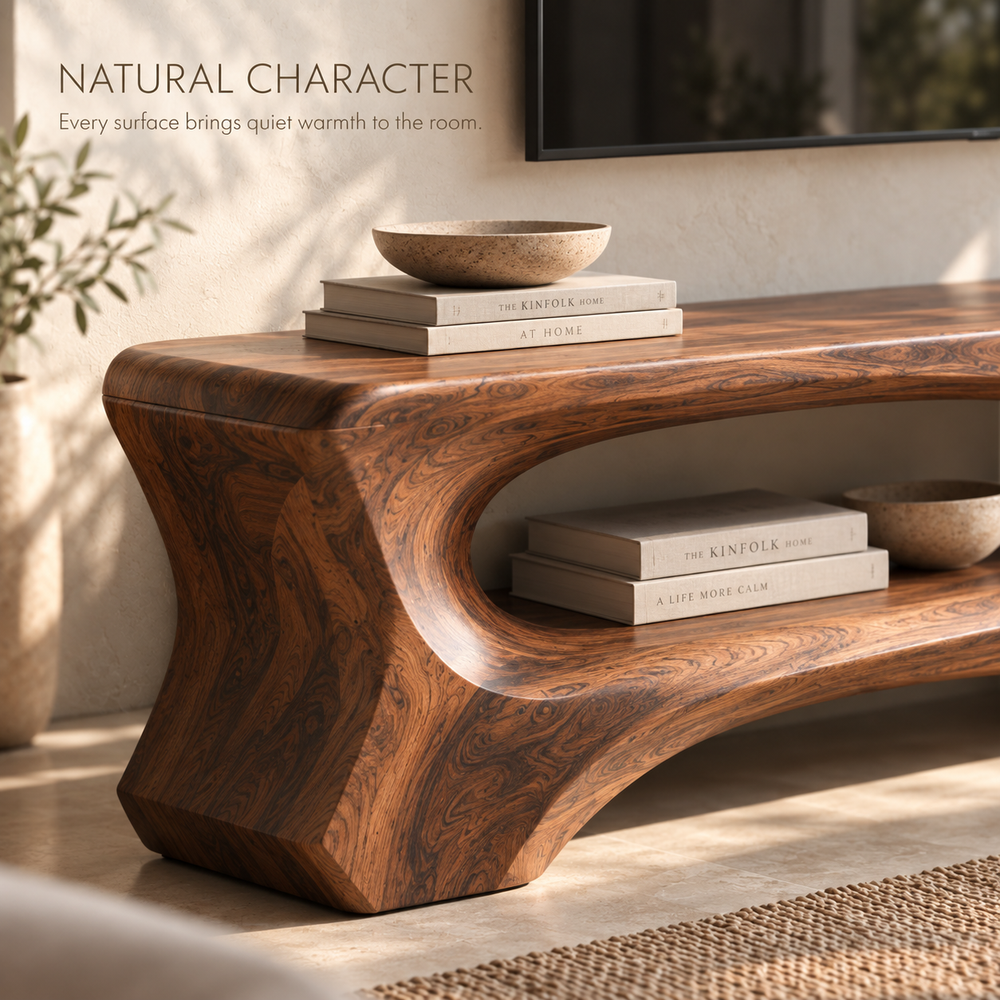Corin Sculptural Solid Wood TV Stand - Design 107 - product detail and styling view 4