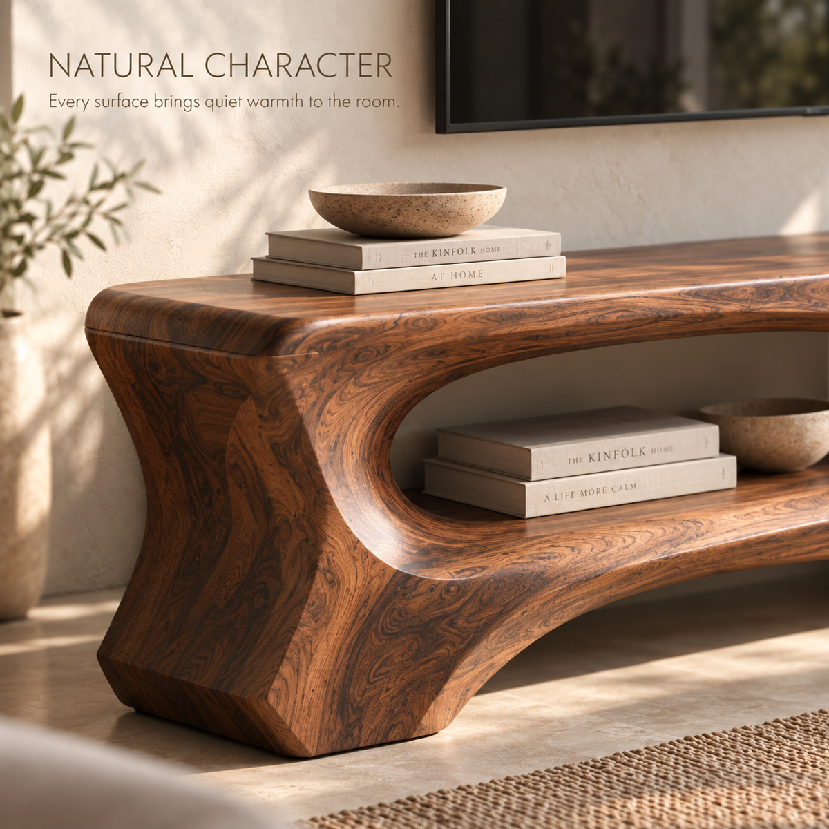 Corin Sculptural Solid Wood TV Stand - Design 107 - product detail and styling view 4