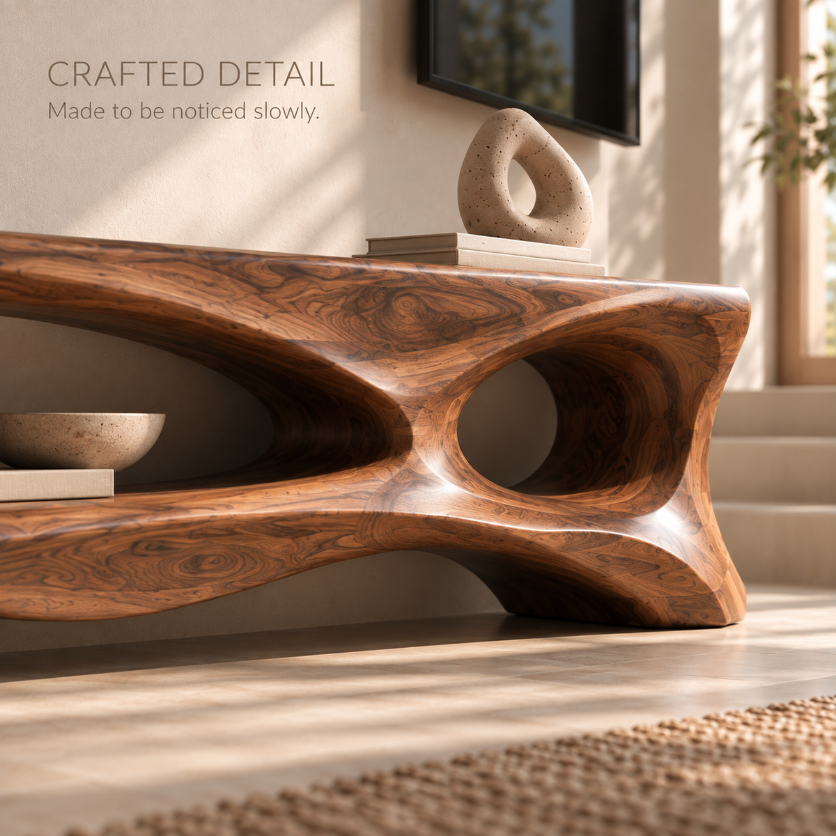 Corin Sculptural Solid Wood TV Stand - Design 107 - product detail and styling view 5