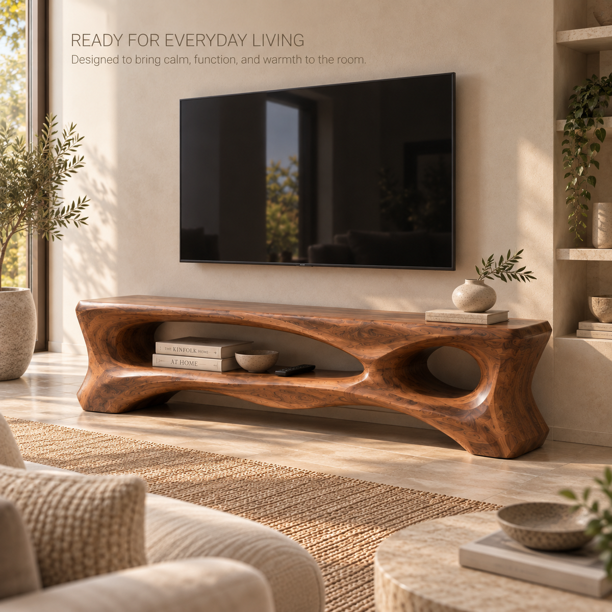 Corin Sculptural Solid Wood TV Stand - Design 107 - product detail and styling view 6