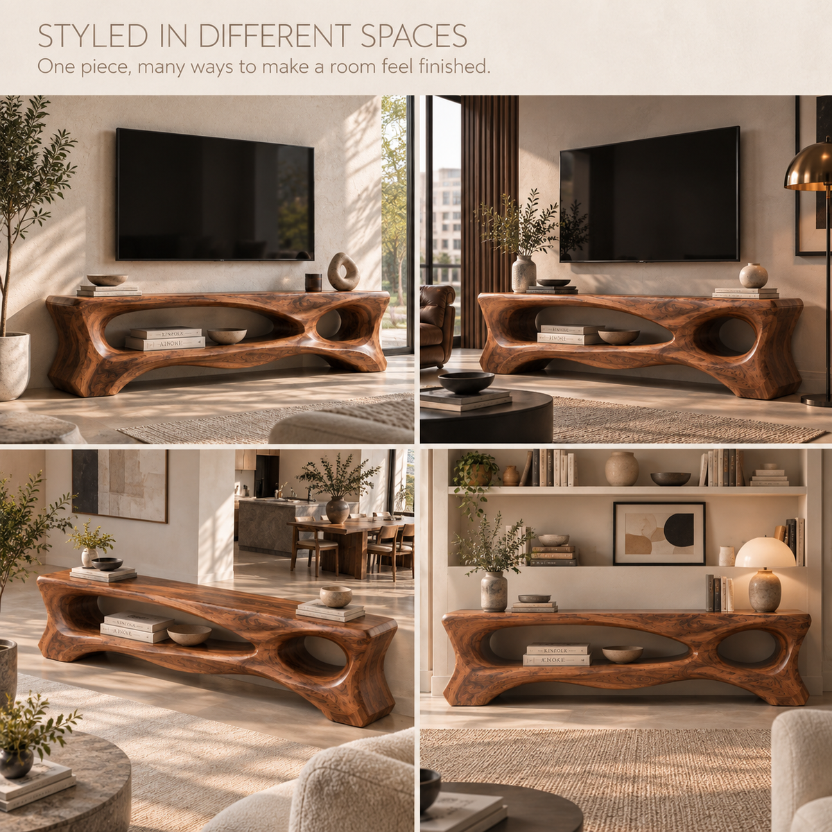 Corin Sculptural Solid Wood TV Stand - Design 107 - product detail and styling view 9
