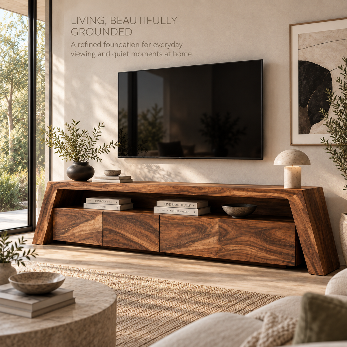 Amara Sculptural Solid Wood TV Stand - Design 108 - main lifestyle view