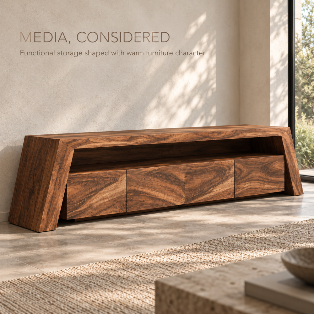 Amara Sculptural Solid Wood TV Stand - Design 108 - product detail and styling view 2