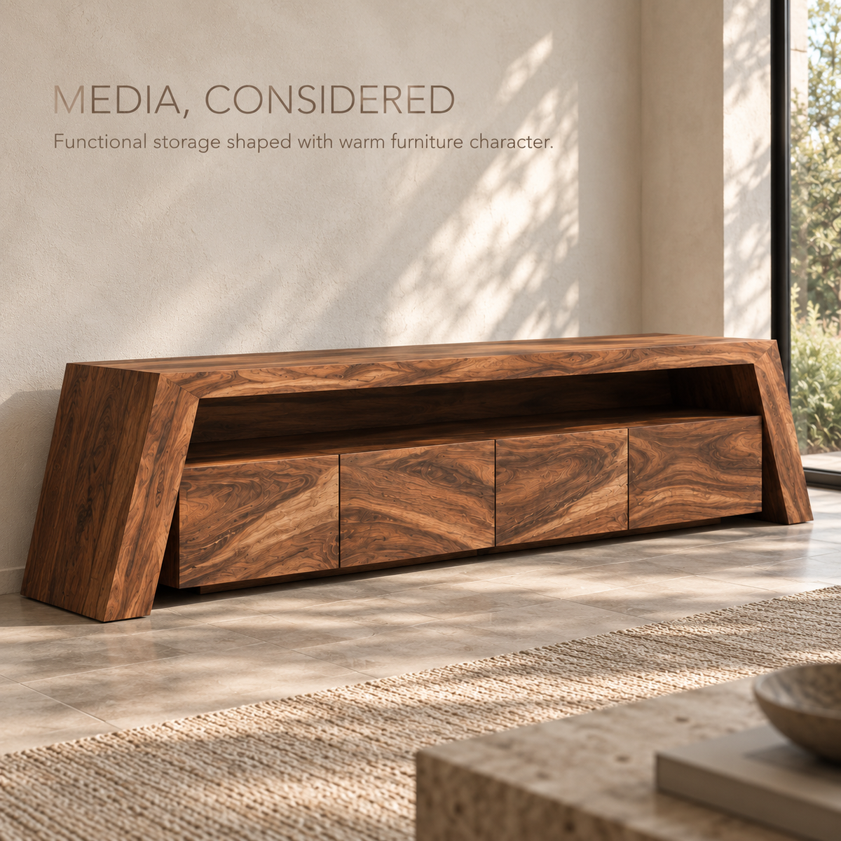 Amara Sculptural Solid Wood TV Stand - Design 108 - product detail and styling view 2