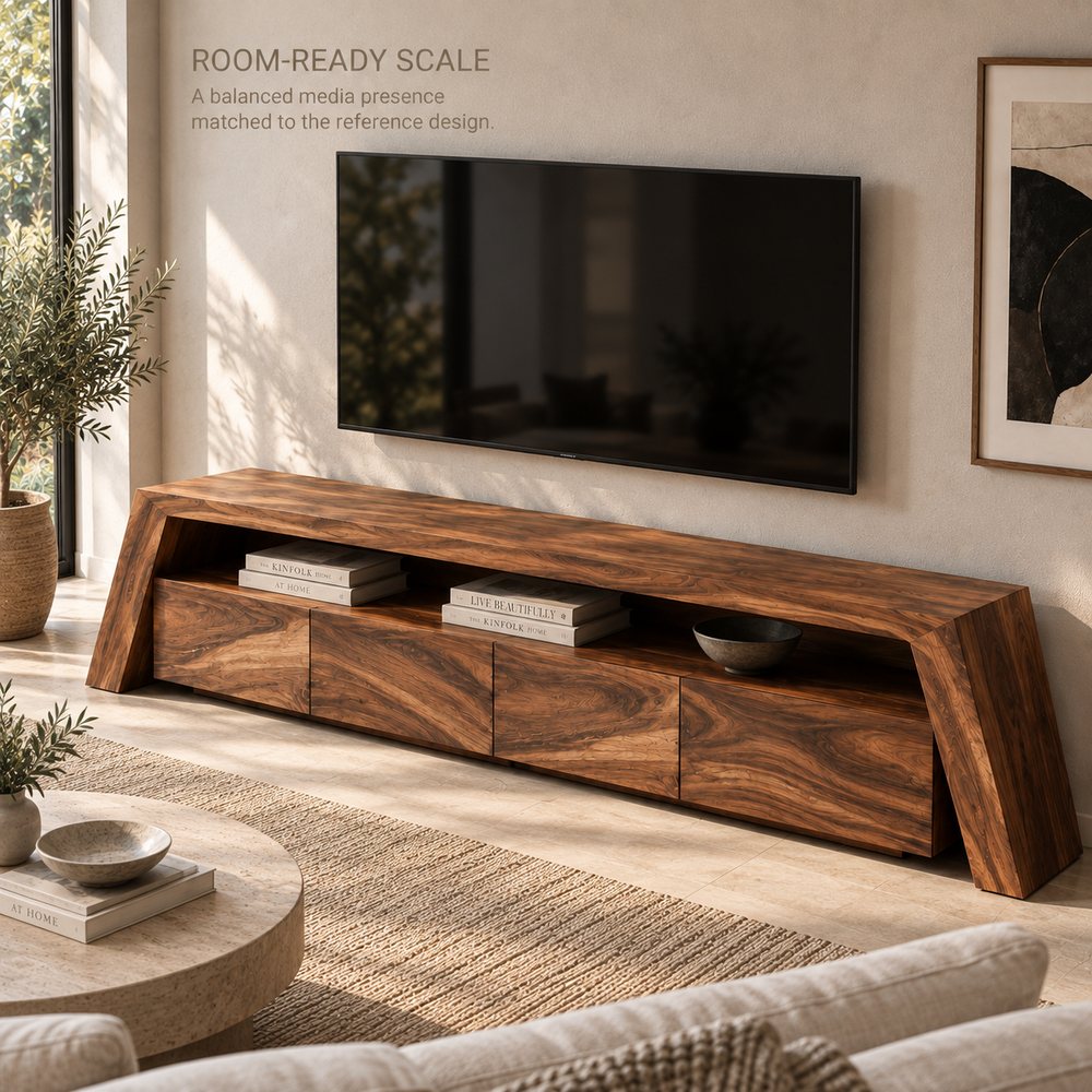 Amara Sculptural Solid Wood TV Stand - Design 108 - product detail and styling view 3