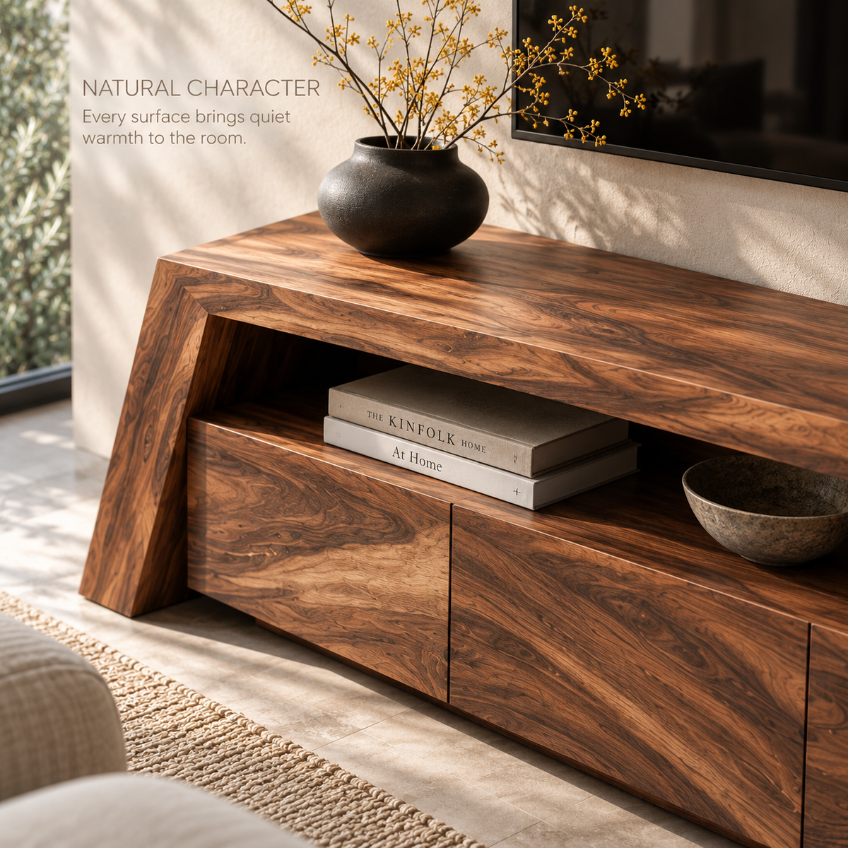 Amara Sculptural Solid Wood TV Stand - Design 108 - product detail and styling view 4