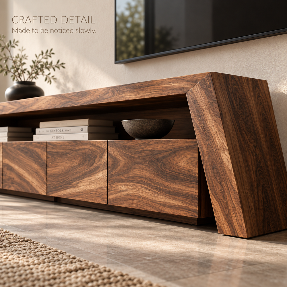 Amara Sculptural Solid Wood TV Stand - Design 108 - product detail and styling view 5