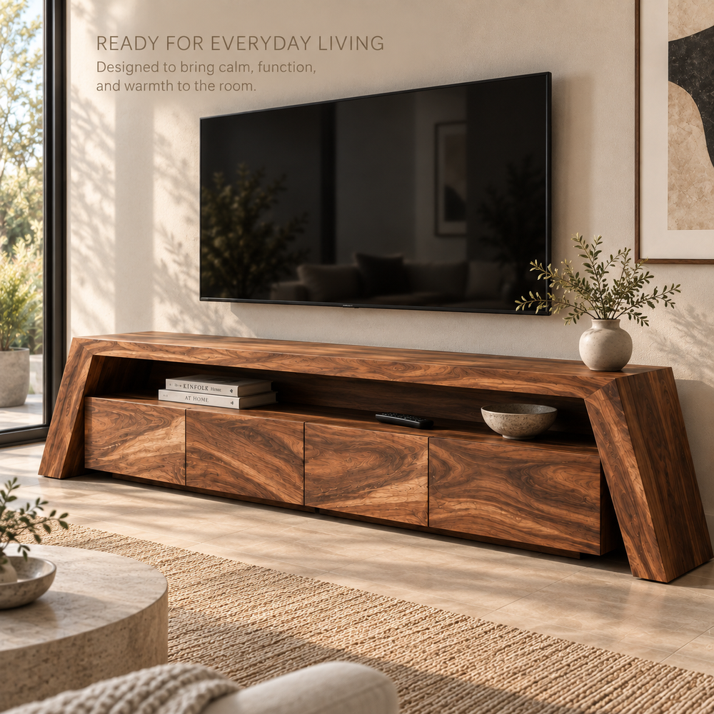 Amara Sculptural Solid Wood TV Stand - Design 108 - product detail and styling view 6