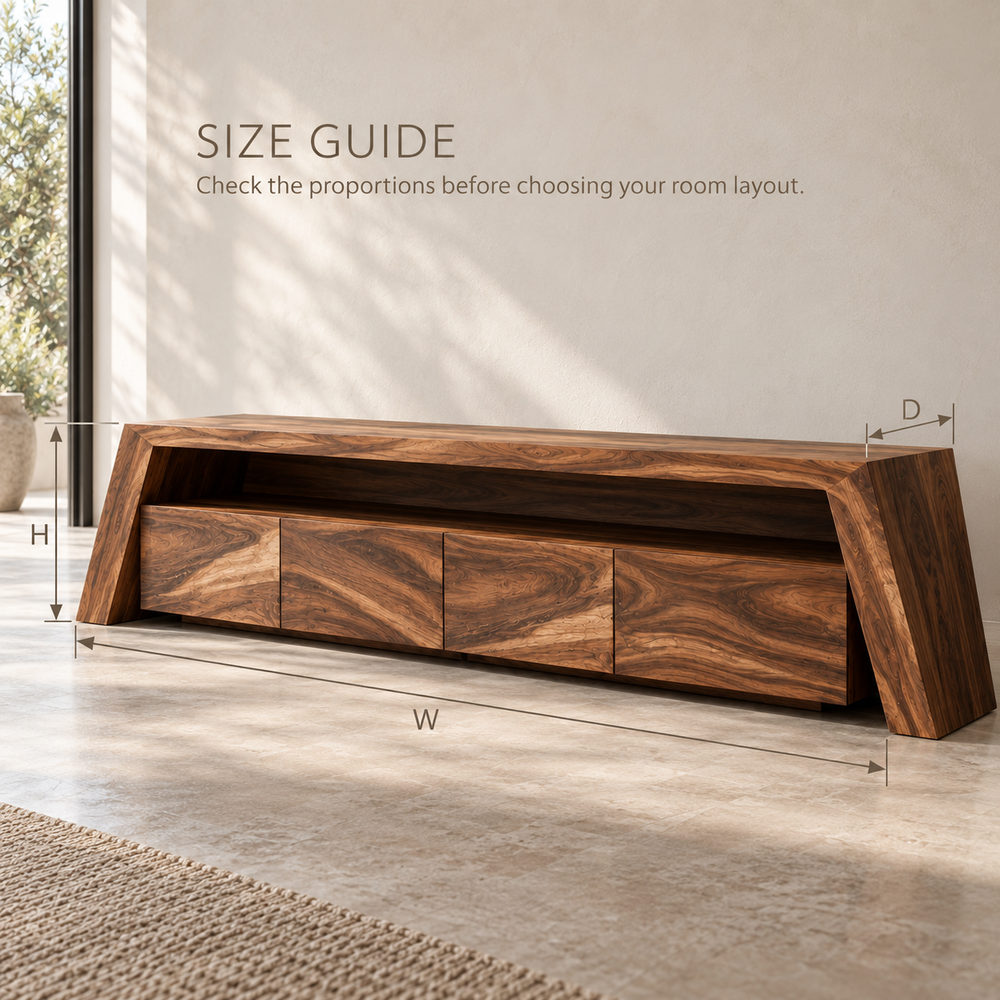 Amara Sculptural Solid Wood TV Stand - Design 108 - product detail and styling view 7
