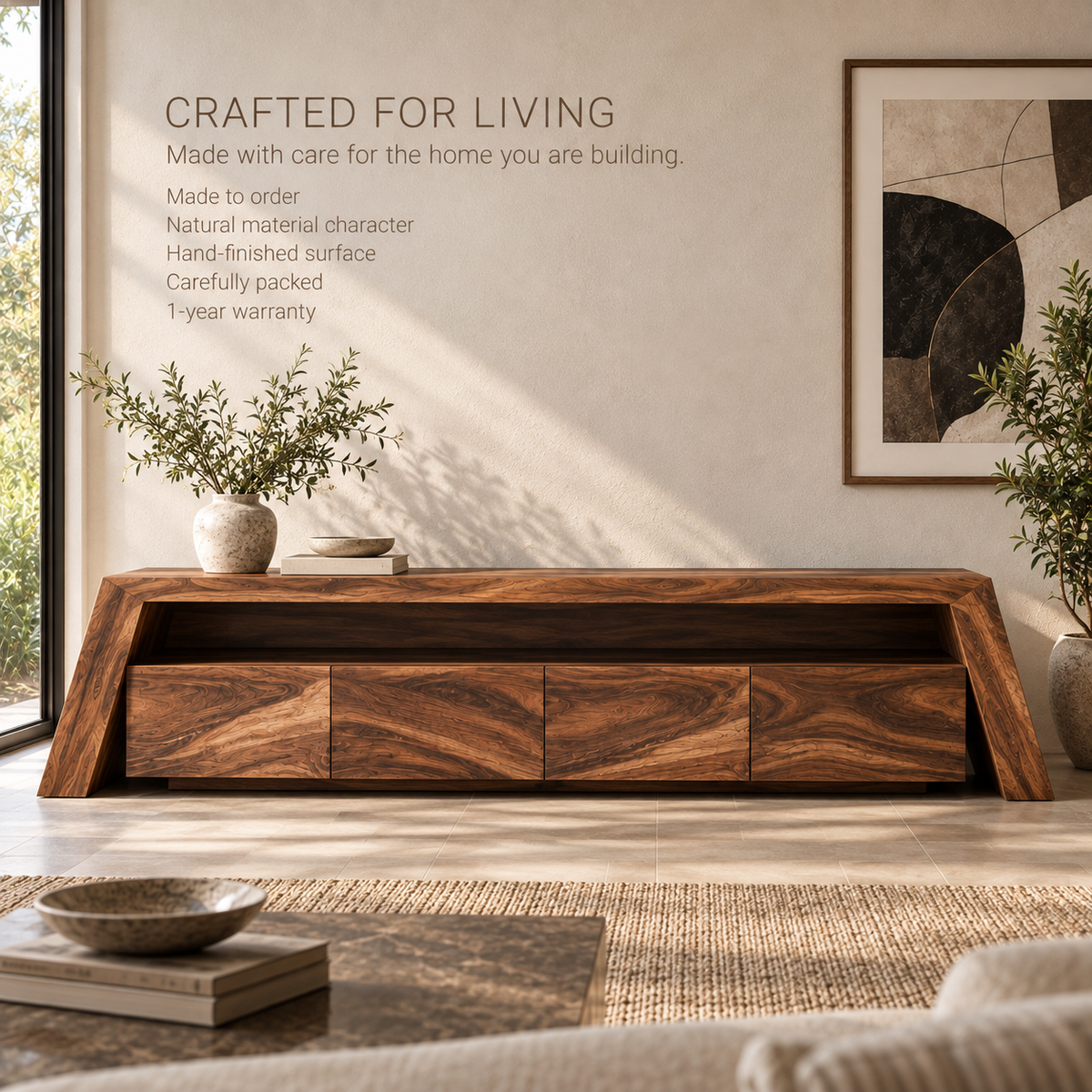 Amara Sculptural Solid Wood TV Stand - Design 108 - product detail and styling view 8