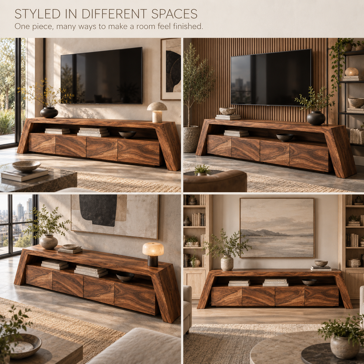 Amara Sculptural Solid Wood TV Stand - Design 108 - product detail and styling view 9