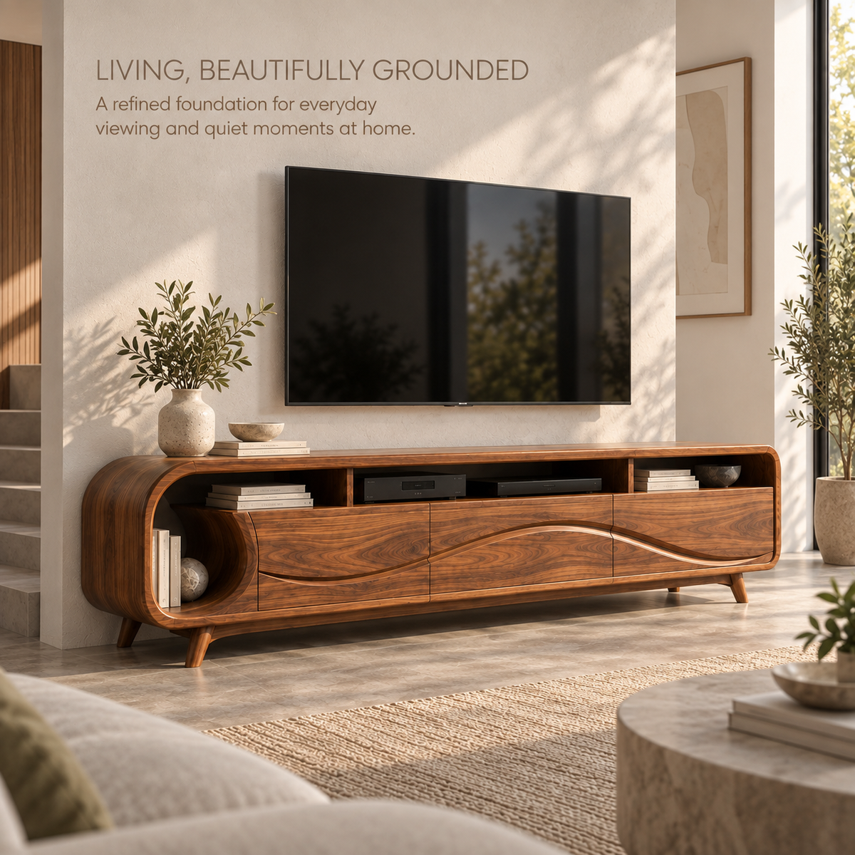 Theron Sculptural Solid Wood TV Stand - Design 109 - main lifestyle view
