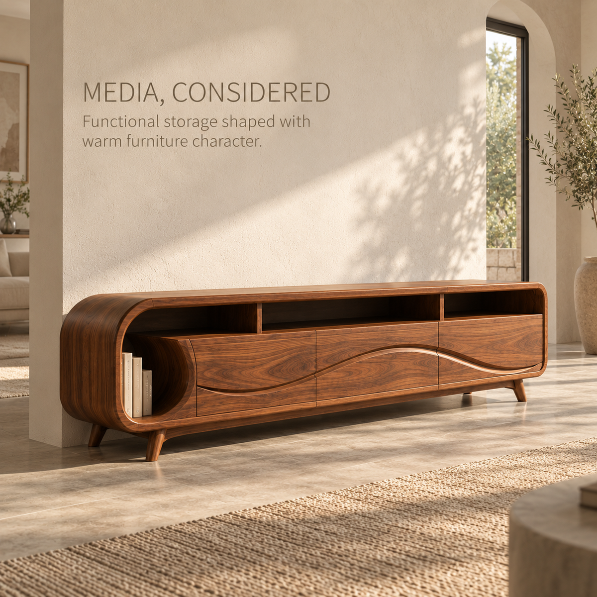 Theron Sculptural Solid Wood TV Stand - Design 109 - product detail and styling view 2
