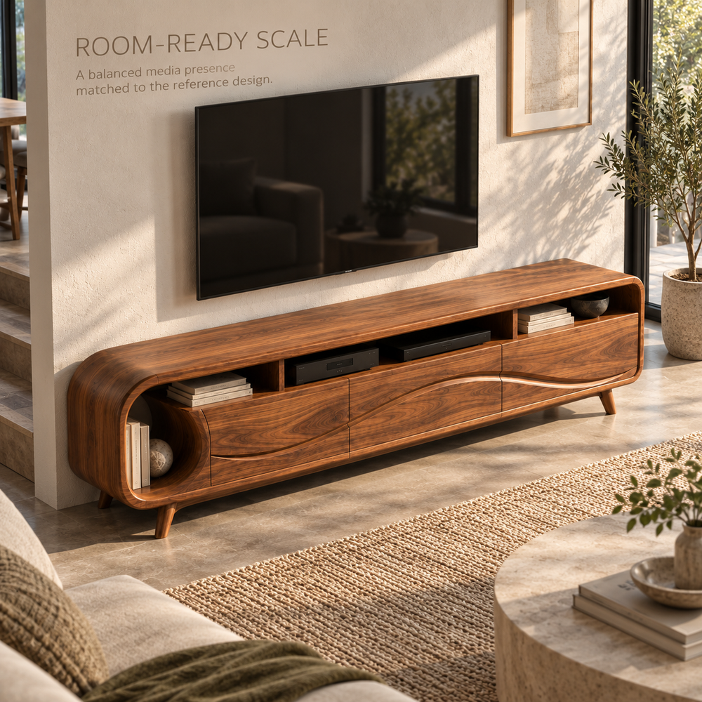 Theron Sculptural Solid Wood TV Stand - Design 109 - product detail and styling view 3