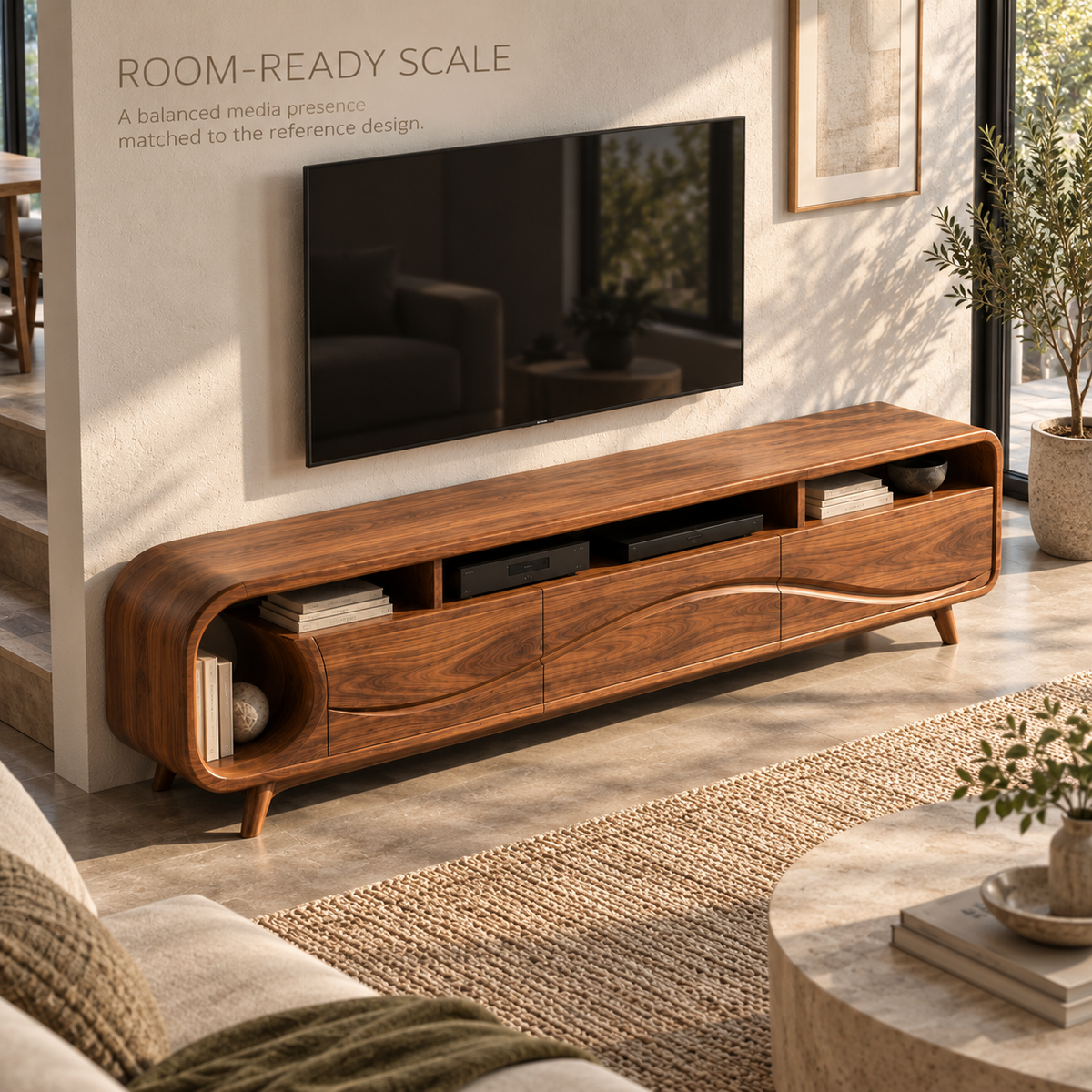 Theron Sculptural Solid Wood TV Stand - Design 109 - product detail and styling view 3