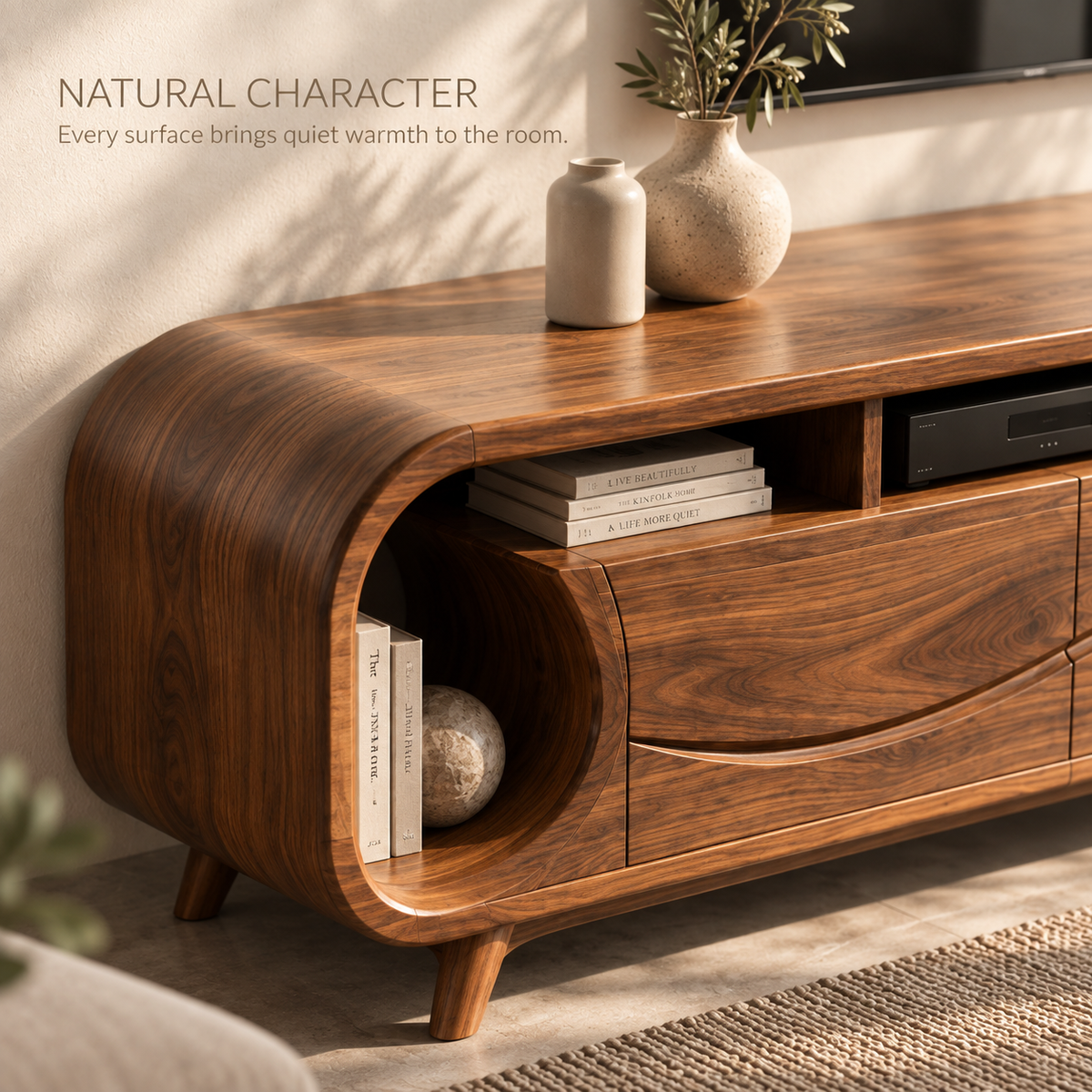 Theron Sculptural Solid Wood TV Stand - Design 109 - product detail and styling view 4